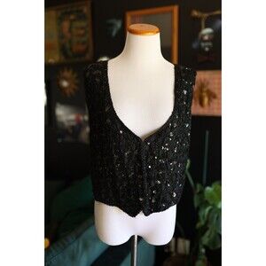 Vintage Cee Cee Vest Silk Lining Black Sequin Beaded 80s Glam Y2K Size M